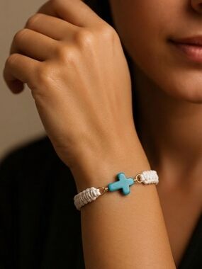 White Macrame Bracelet with Turquoise Cross Accent
